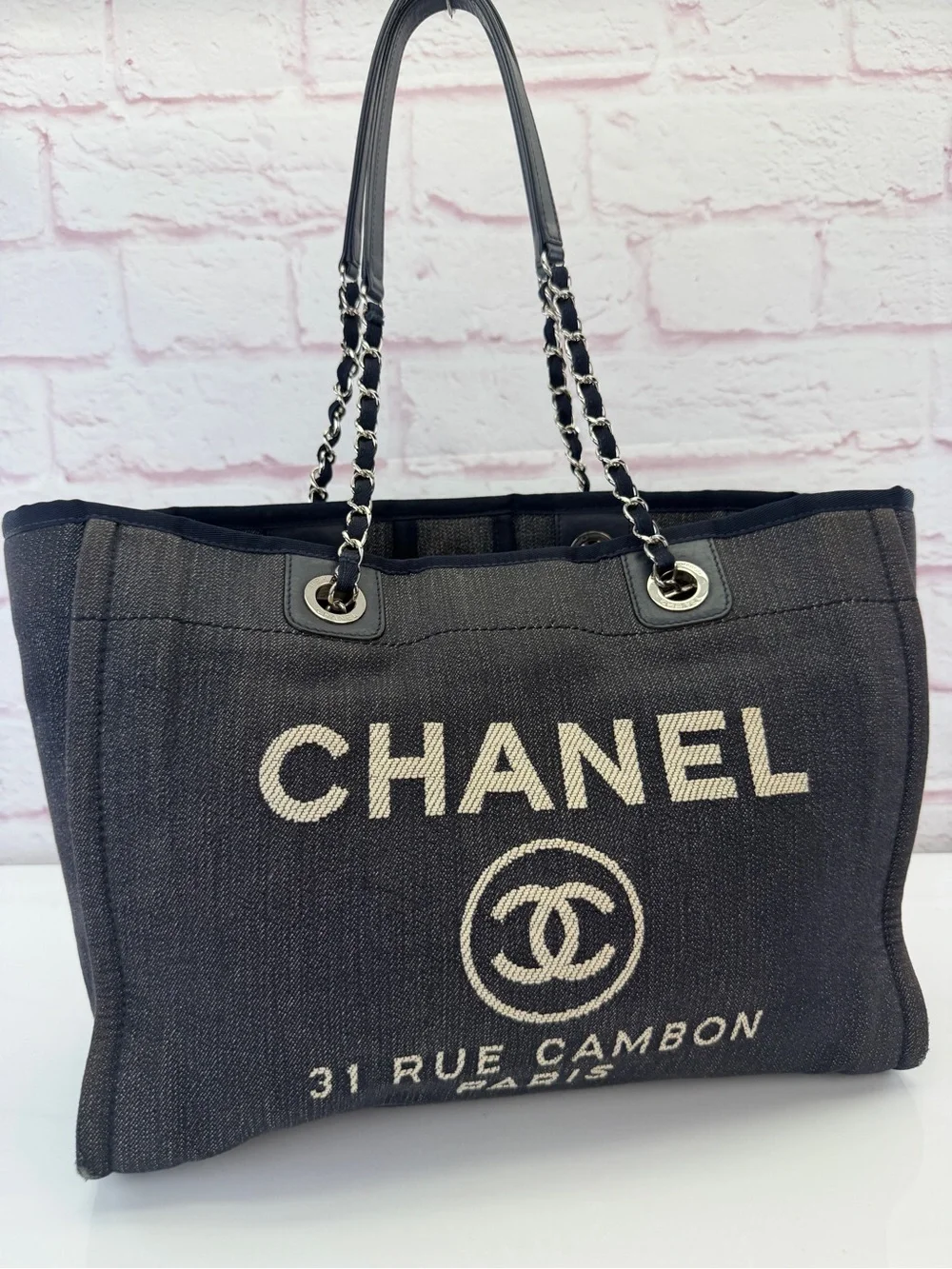 Chanel Dark Blue Denim Deauville Medium Tote Bag